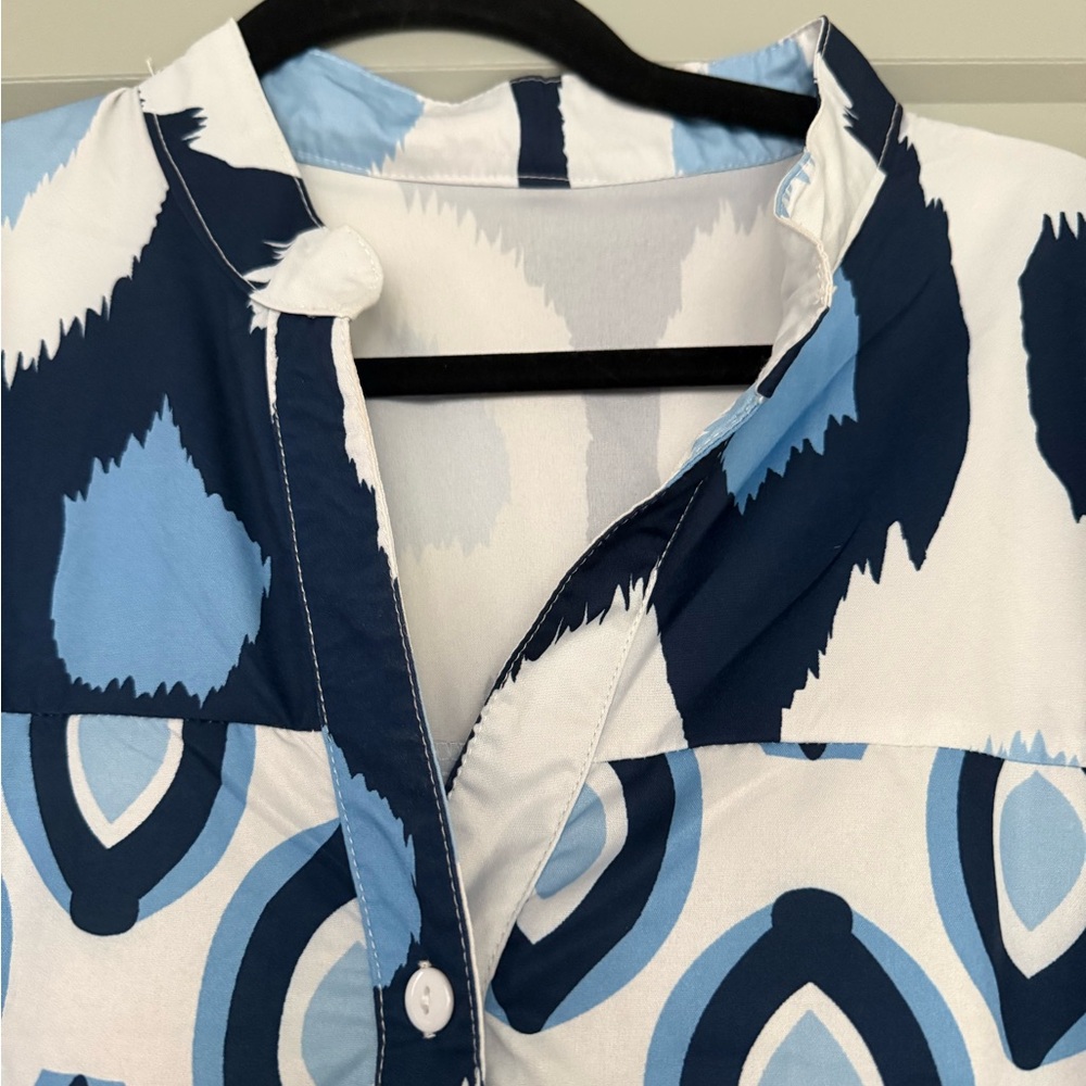 Button-Front Blue Patterned Mini Dress - Picture 2 of 3